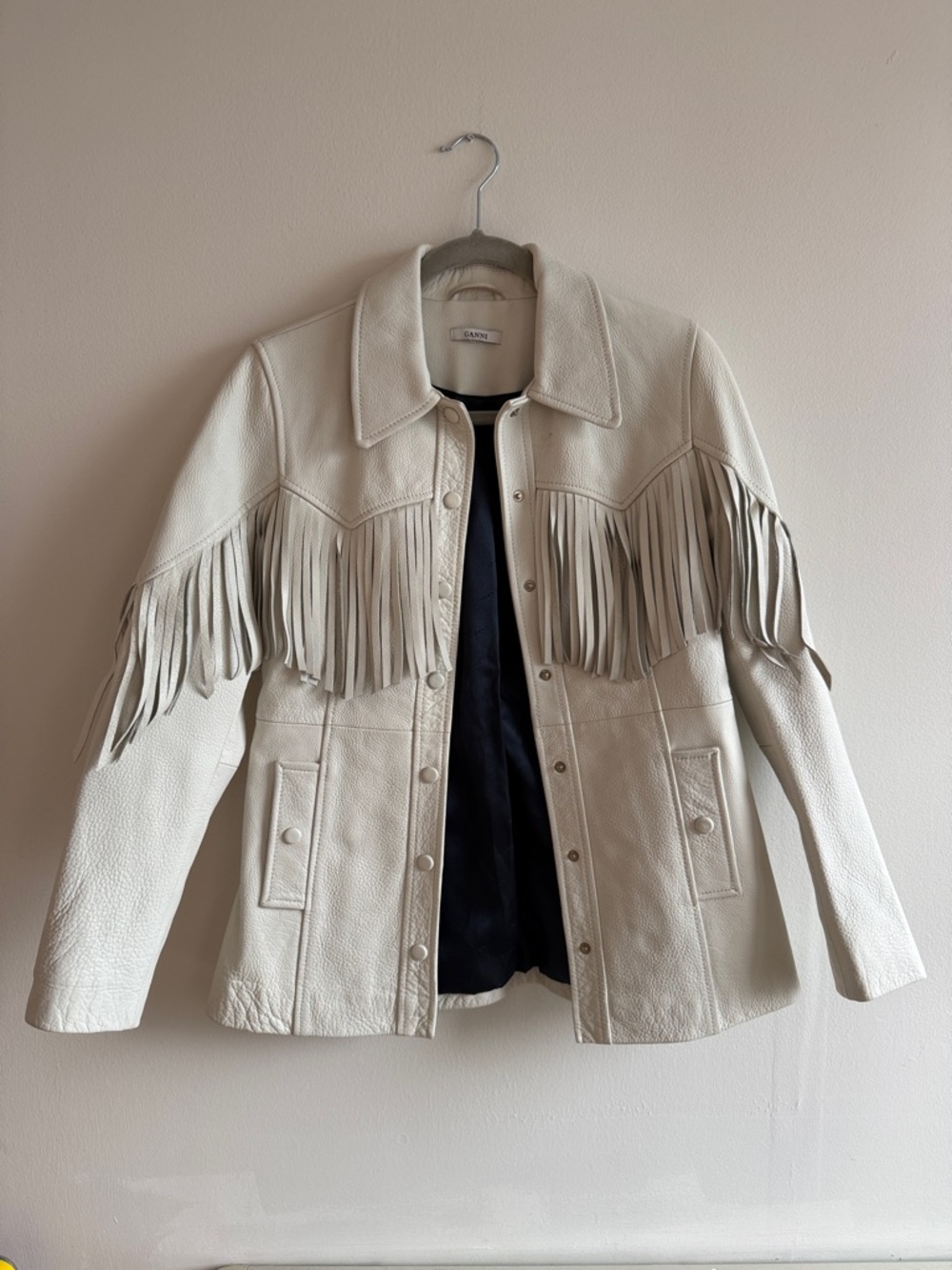 Ganni Cream Fringe Leather Jacket
